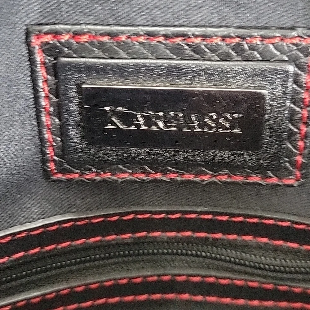 Karpassi Black Leather Briefcase Laptop Bag with Red Stitching
